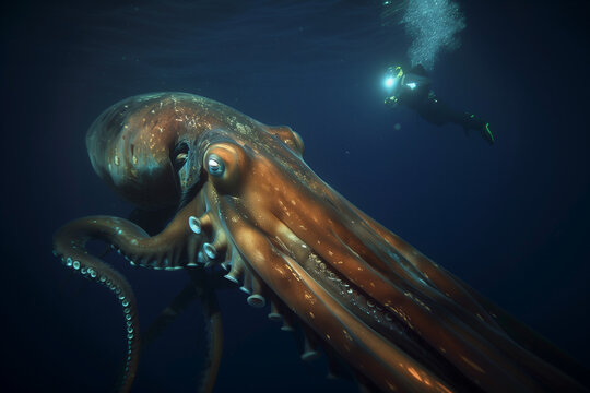 Kraken and diver taking a picture of it