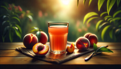 a glass of peach juice on a wooden surface - obrazy, fototapety, plakaty