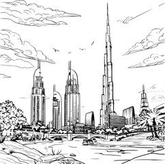 Dubai Landscape Coloring Image for Kids, Detailed Background