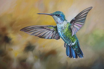A delicate hummingbird hovering mid-air, its iridescent feathers shining brilliantly.