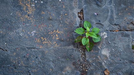 A plant thrives in the spaces on the ground