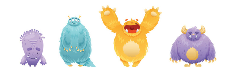 Funny Monster Character as Toothy and Hairy Mutant with Friendly Face Vector Set