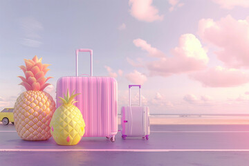 pineapple, strawberry ,colors, yellow, green, purple, pink, red.