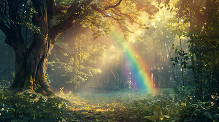 Magical fantasy fairytale forest with rainbow and tree