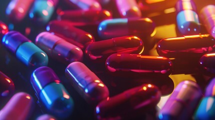 Vibrant capsules scattered, showcasing pharmaceuticals and health care in a close-up view.