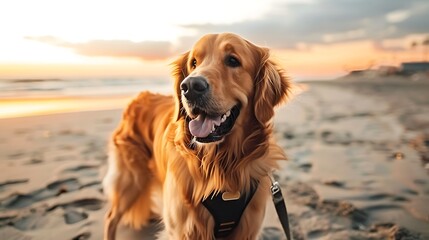 a beautiful golden retriever dog wearing a dog harness and a leash standing on sand in a beach in an evening at summer