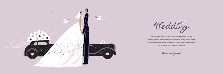 Wedding horizontal web banner, landing page or wallpaper with cartoon hand drawn bride, groom and wedding car. Vector illustration