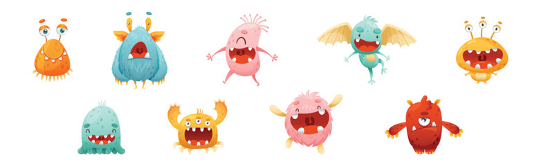 Funny Monster Character as Toothy and Hairy Mutant with Friendly Face Vector Set