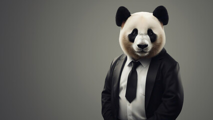 Serious-looking panda wearing a suit and tie, looking like a busy business person, gradient grey background, minimal, copy space