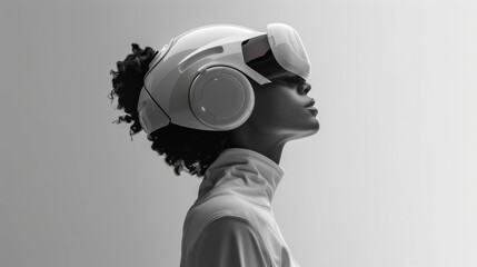 futuristic black woman portrait simple minimal in vr headset, white colour palette 