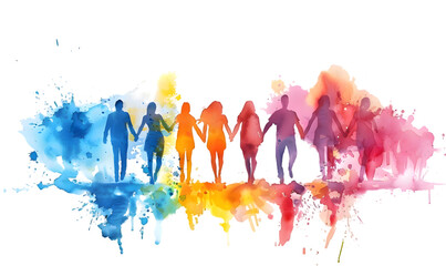 Group of people silhouettes standing together in the style of rainbow colors watercolor isolated on transparent background - obrazy, fototapety, plakaty