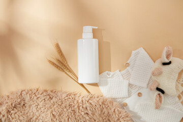 Milk brown background against the layout for baby products with a bottle without label, decorated...