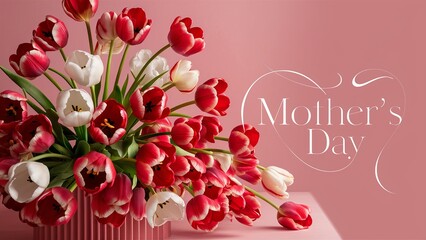 Tulip flowers with mother's day text on soft pink background