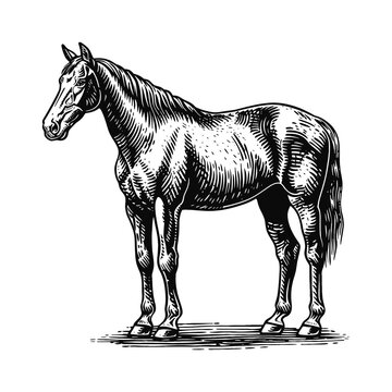 horse engraving black and white outline