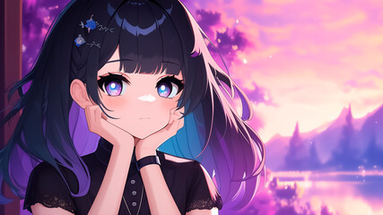 anime girl with hand on face leaning over. vtuber wallpaper illustration