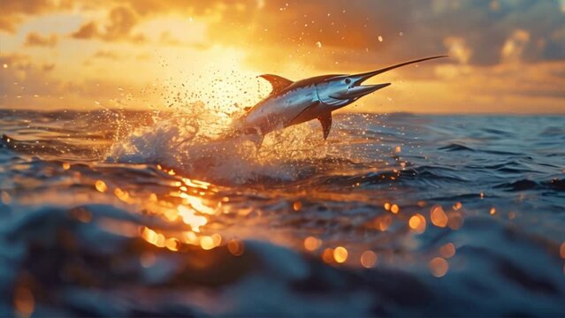 A big blue marlin swordfish jumping out of the ocean, sea animals.