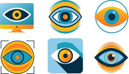 Set of flat eye scan, technology and security icon, vector illustration.