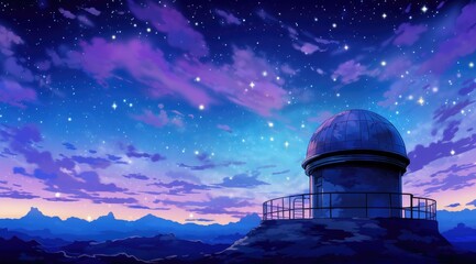 Observatory in mystic mountains under a star-filled sky