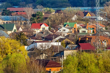 Residential area with dense buildings in Kharkiv city, Ukraine. Cityscape of a self-build microdistrict, urban landscape