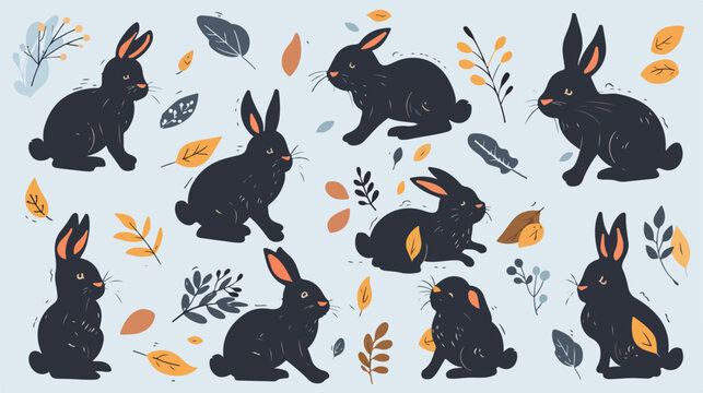 Black bunnies collection. Vector cartoon illustration