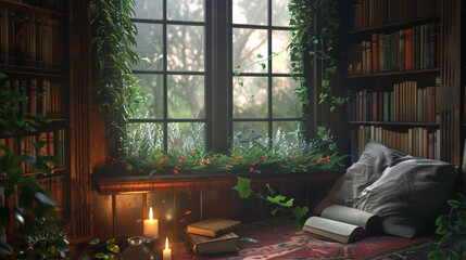 A cozy reading corner with a window seat overlooking a misty garden, filled with the scent of old books.