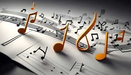 3d illustration of musical notes and musical signs of abstract music sheet.Songs and melody concept