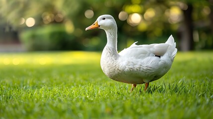 Naklejka na ściany i meble A white Pekin Duck stands on a green grassy lawn in summer