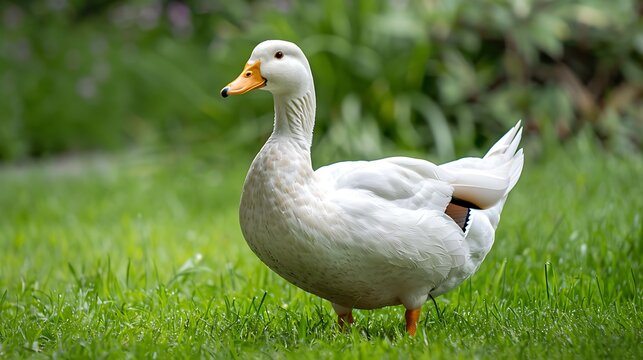 A white Pekin Duck stands on a green grassy lawn in summer
