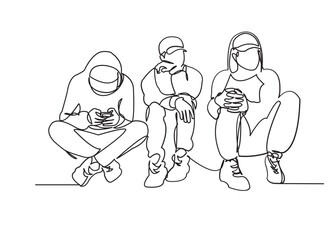 continuous single drawn one line of teens off the street drawn by hand picture silhouette. Line art. character street teenagers hang out