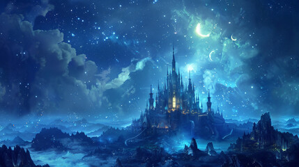 Magical kingdom glowing castle silver moonlight  - obrazy, fototapety, plakaty