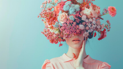 minimal style woman in fashion outfit with rare flowers on her head pastel color palette