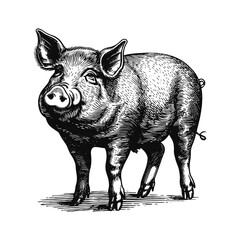 pig engraving black and white outline
