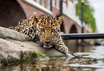 Leopard resting on a boulder in Amsterdam, AI-generated.