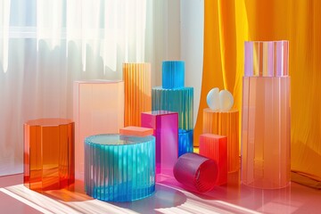 Geometric product presentation pedestal. A game of shapes and bright colors created by acrylic glass. Ribbed patterns provide a creative scene for beauty products - generative ai