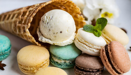 ice cream,waffle cone and macaroons,sweet food concept.