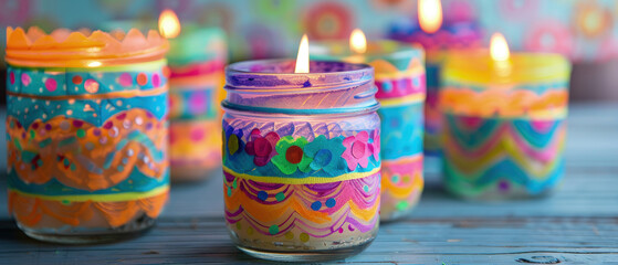 A detailed guide on how to make festive Cinco de Mayo-themed candle holders using mason jars, colored tissue paper, and decoupage techniques - obrazy, fototapety, plakaty