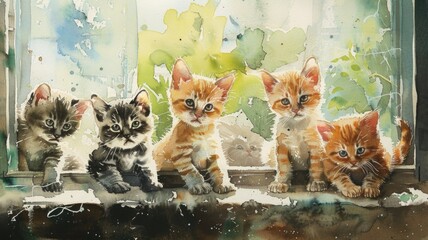 watercolor illustration Several kittens perched on a windowsill, watching the world outside with wide, wondering eyes,