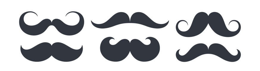 Black set mustaches. Collection silhouette black vintage moustache isolated on white background. Symbol of Fathers day, sign for Barber Shop. Retro curly hipster moustaches. Vector illustration - 791561369
