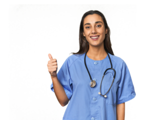 Hispanic nurse in uniform with stethoscope smiling and raising thumb up
