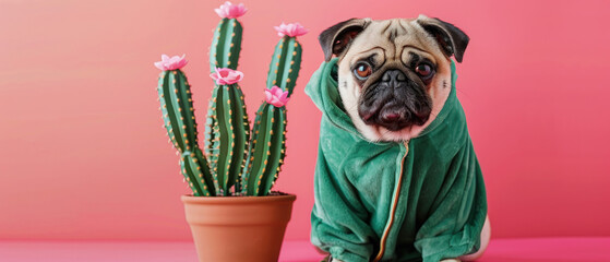 A pug in a cactus costume, its outfit complete with little pink flowers, posing beside a pot of real cacti