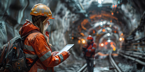 Foreman and construction worker using a digital tablet at the dark underground construction site