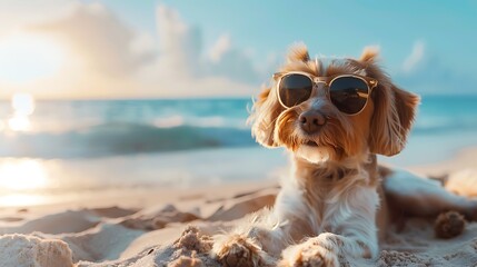 Cute Dog With Sunglasses Relaxing on beach
