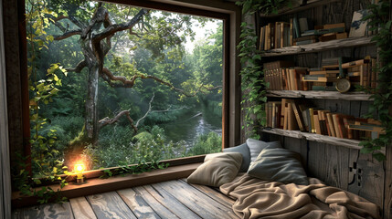 A snug reading corner with a forest-view window.