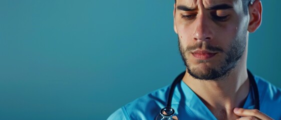 A male doctor in a medical uniform, attentively listening to a patient's heartbeat with a stethoscope against a blue background. - obrazy, fototapety, plakaty