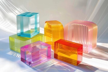 Geometric product presentation pedestal. A game of shapes and bright colors created by acrylic glass. Ribbed patterns provide a creative scene for beauty products - generative ai