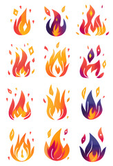 Fire simple flat vector icon collection isolated on transparent background