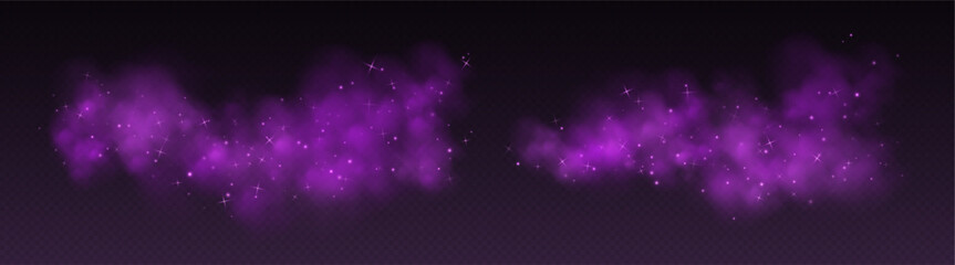 Purple magic smoke with stars and sparkles, fog with glowing particles, colorful vapor with star dust. Fantasy haze overlay. Vector illustration.