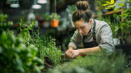 Chef carefully selecting herbs in a greenhouse.