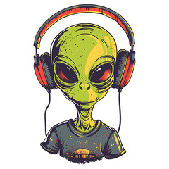 Alien wearing headphones illustration, embracing otherworldly vibes and musical passion