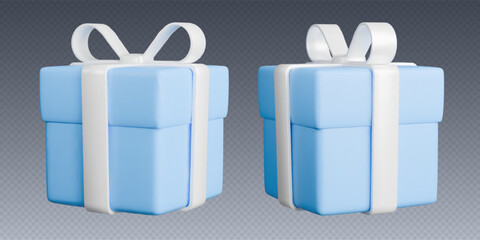 Gift boxes with ribbons, realistic 3d blue boxes with white bows. Surprise gift isolated on grey background. Vector illustration.